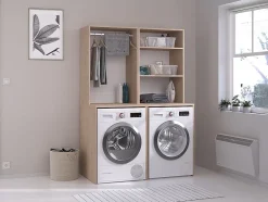 Meuble pour 2 machines à laver avec penderie et étagères - Naturel clair - H184 x L128 cm - ERKANO