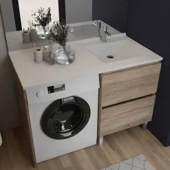 Meuble pour lave-linge IDEA, plan vasque déportée 124 cm x 65 cm- Bois- Vasque à droite