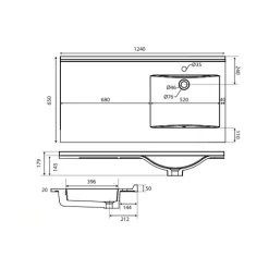 Meuble pour lave-linge IDEA, plan vasque déportée 124 cm x 65 cm- Bois- Vasque à droite