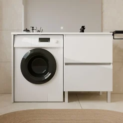 Meuble pour lave-linge IDEA, plan vasque déportée 124 cm x 65 cm- Blanc- Vasque à droite