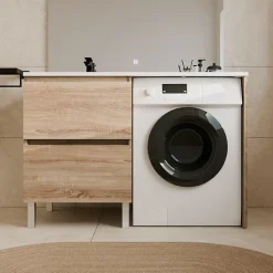 Meuble pour lave-linge IDEA, plan vasque déportée 124 cm x 65 cm- Bois- Vasque à gauche