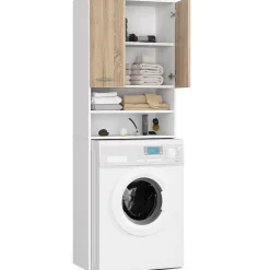 Meuble pour machine à laver AKORD FIN Blanche 64 cm 2 portes façade Chêne Sonoma 4 étagères 64x30x180 cm