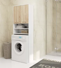 Meuble pour machine à laver AKORD FIN Blanche 64 cm 2 portes façade Chêne Sonoma 4 étagères 64x30x180 cm