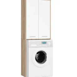 Meuble pour machine à laver AKORD FIN Chêne Sonoma 64 cm 2 portes façade Blanche 4 étagères 64x30x180 cm