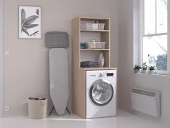 Meuble pour machine à laver avec étagères - Naturel clair - L65 x H184 cm - ERKANO