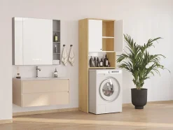 Meuble pour machine à laver avec double portes - L65 x H180 cm - Blanc et naturel clair - WORIKA