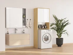 Meuble pour machine à laver avec double portes - L65 x H180 cm - Blanc et naturel clair - WORIKA