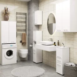 Meuble pour machine à laver AKORD FIN Blanche 64 cm 2 portes façade Blanche 4 étagères 64x30x180 cm