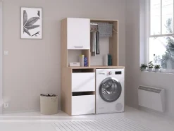 Meuble pour machine à laver avec penderie et placards - Naturel clair et blanc - L111 x H184 cm - ERKANO