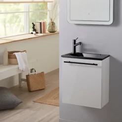 Meuble pour wc blanc avec lave mains design noir et mitigeur noir