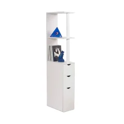 Meuble rangement WC/salle de bains étroit 15,2 cm, colonne blanche bois mélaminé 136 cm - 3 étagères + placard + 2 tiroirs
