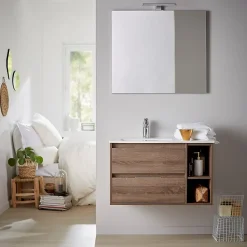 Meuble salle de bain - 80 cm - Plan décentré - Effet chêne foncé britannia - A suspendre - miroir et éclairage inclus - Venus
