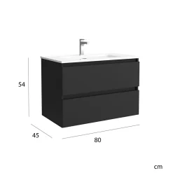 Meuble salle de bain - 80 cm - Avec plan vasque - Noir mat - A suspendre - KARAIB