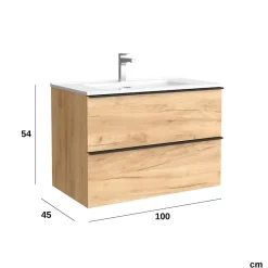 Meuble salle de bain - 100 CM - avec plan vasque - Effet chêne brut - poignées noires - A suspendre - ARUBA