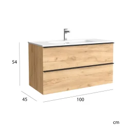 Meuble salle de bain - 100 CM - avec plan vasque - Effet chêne brut - poignées noires - A suspendre - ARUBA