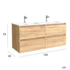 Meuble salle de bain - 120 cm - Plan double vasques céramique - Effet chêne brut - A suspendre - KARAIB