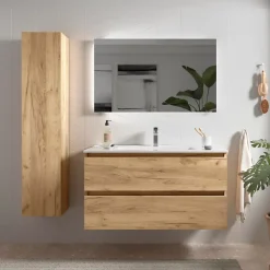 Meuble salle de bain - 100 cm - avec plan vasque - Effet chêne brut - A suspendre - KARAIB