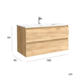 Meuble salle de bain - 100 cm - avec plan vasque - Effet chêne brut - A suspendre - KARAIB