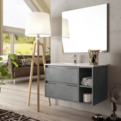 Meuble salle de bain - 80 cm - Plan décentré - Effet ciment - A suspendre - miroir et éclairage inclus - Venus
