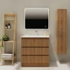 Meuble salle de bain 80 cm A poser - Plan vasque céramique - Effet bois strié - Karaib 2