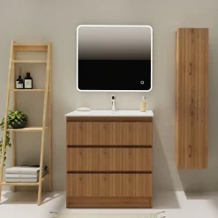 Meuble salle de bain 80 cm A poser - Plan vasque céramique - Effet bois strié - Karaib 2