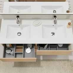 Meuble salle de bain 120 cm - Double vasque céramique - Effet chêne sonoma - A suspendre - Karaib 2