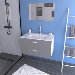 Meuble salle de bain 80 cm suspendu 2 tiroirs Gris avec vasque et miroir - BOX-IN