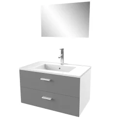 Meuble salle de bain 80 cm suspendu 2 tiroirs Gris avec vasque et miroir - BOX-IN