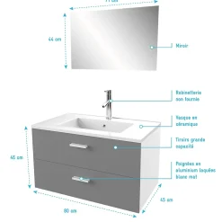 Meuble salle de bain 80 cm suspendu 2 tiroirs Gris avec vasque et miroir - BOX-IN