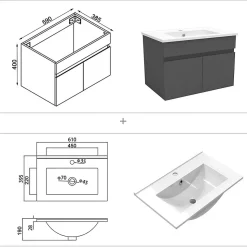 Meuble Salle de Bain avec colonne et vasque ceramique 60cm Anthracite