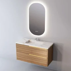 Meuble Salle de Bain BAMBOO 81 cm x H54 x P45 cm, Plan Vasque Grès Cérame BS, 2 Tiroirs Poignée Or, Chêne Naturel
