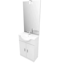 Meuble salle de bain blanc 60 cm sur pied + vasque ceramique blanche + miroir applique led