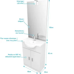 Meuble salle de bain blanc 60 cm sur pied + vasque ceramique blanche + miroir applique led