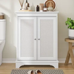 Meuble salle de bain blanc sur pied avec porte panier et étagère réglable, meuble indépendant pour salle de bain, salon ou cuisine