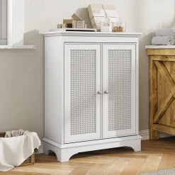 Meuble salle de bain blanc sur pied avec porte panier et étagère réglable, meuble indépendant pour salle de bain, salon ou cuisine