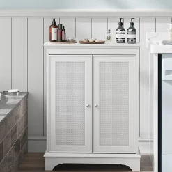 Meuble salle de bain blanc sur pied avec porte panier et étagère réglable, meuble indépendant pour salle de bain, salon ou cuisine