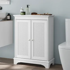 Meuble salle de bain blanc sur pied avec porte panier et étagère réglable, meuble indépendant pour salle de bain, salon ou cuisine