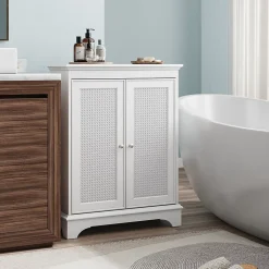 Meuble salle de bain blanc sur pied avec porte panier et étagère réglable, meuble indépendant pour salle de bain, salon ou cuisine