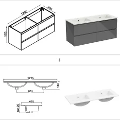 Meuble salle de bain 120cm anthracite brillant avec 4 tiroirs à fermeture automatique et double lavabo céramique