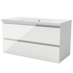 Meuble salle de bain 100cm blanc brillant avec 2 tiroirs à fermeture automatique et simple lavabo céramique