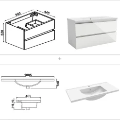 Meuble salle de bain 100cm blanc brillant avec 2 tiroirs à fermeture automatique et simple lavabo céramique