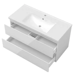 Meuble salle de bain 100cm blanc brillant avec 2 tiroirs à fermeture automatique et simple lavabo céramique
