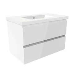 Meuble salle de bain 80cm blanc brillant avec 2 tiroirs à fermeture automatique et simple lavabo