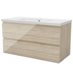 Meuble salle de bain 100cm Chêne Wotan brillant avec 2 tiroirs à fermeture automatique et simple lavabo céramique