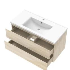 Meuble salle de bain 100cm Chêne Wotan brillant avec 2 tiroirs à fermeture automatique et simple lavabo céramique