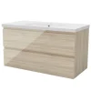 Meuble salle de bain 100cm Chêne Wotan brillant avec 2 tiroirs à fermeture automatique et simple lavabo