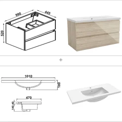 Meuble salle de bain 100cm Chêne Wotan brillant avec 2 tiroirs à fermeture automatique et simple lavabo