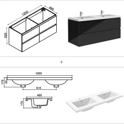 Meuble salle de bain 120cm noir brillant avec 4 tiroirs à fermeture automatique et double lavabo
