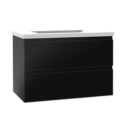 Meuble salle de bain 80cm noir brillant avec 2 tiroirs à fermeture automatique et simple lavabo
