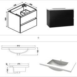 Meuble salle de bain 80cm noir brillant avec 2 tiroirs à fermeture automatique et simple lavabo
